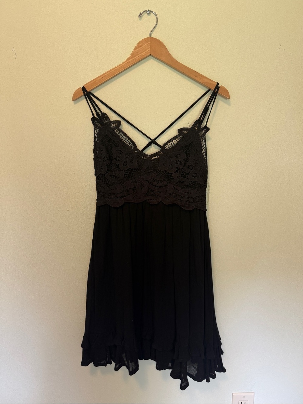 Listicle Black Lace Mini Dress with Strappy Crisscross Back